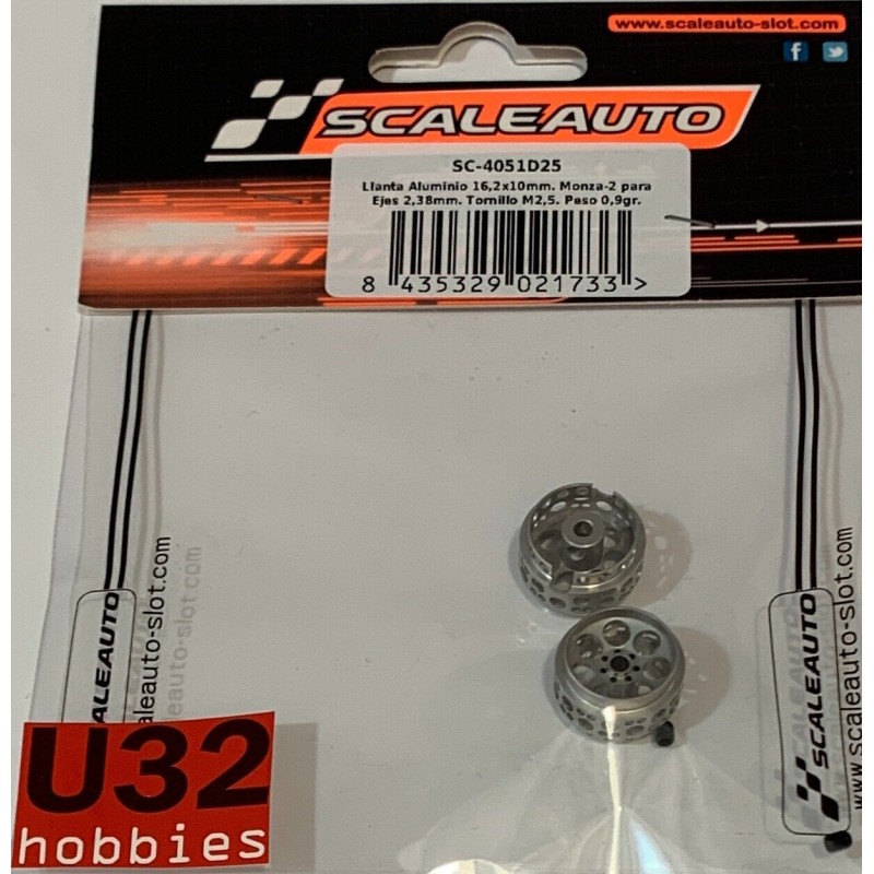 SCALEAUTO SC-4051D25 LLANTA 16.2x10mm MONZA-2 ALUM. EJE 2.38mm TORNILLO M2.5